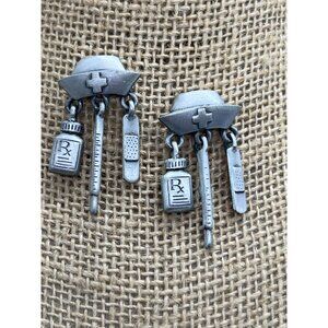 Vintage JJ Jonette Pewter Nurse Earrings Dangles Bandage Thermometer 1.5"